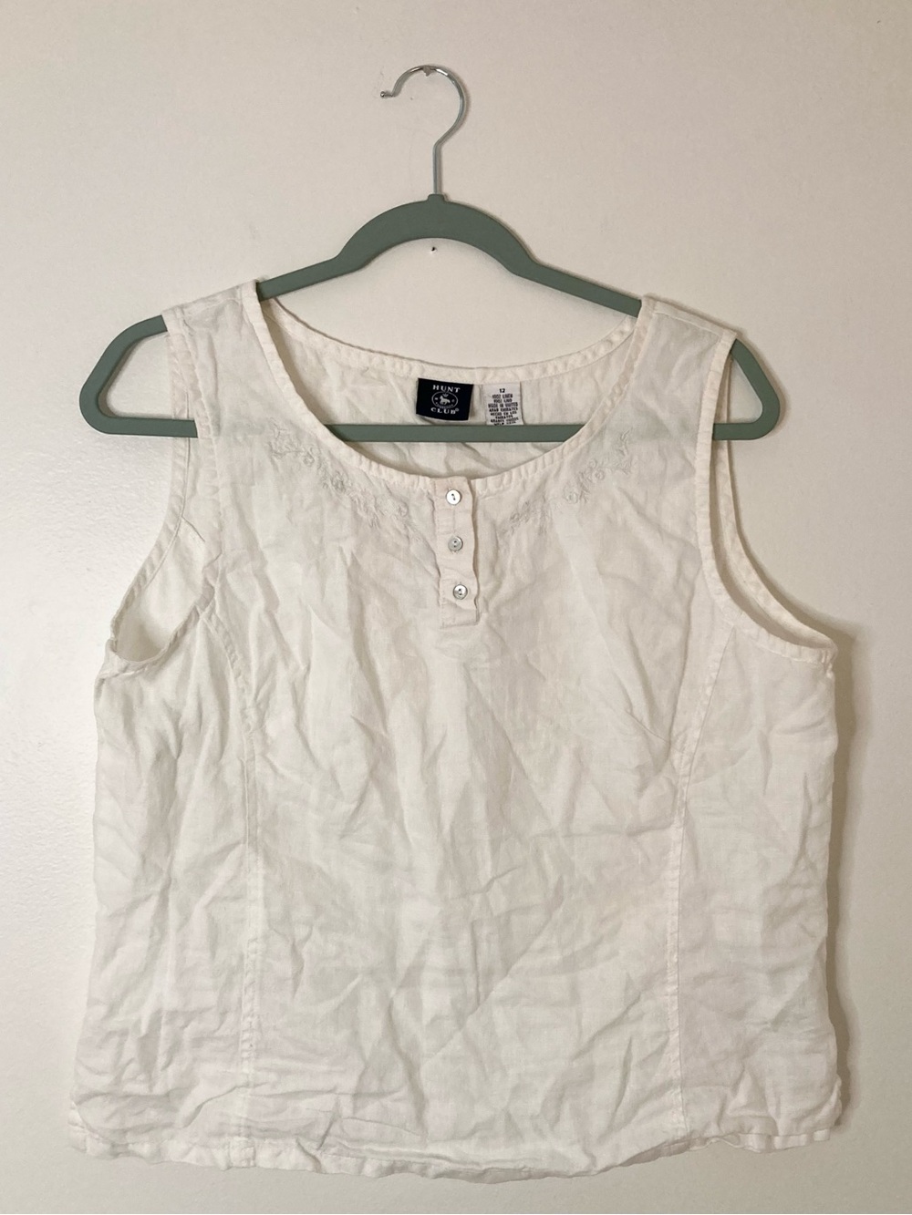Hunt Club Vintage White Linen Embroidered Tank Top Cottagecore Size 12